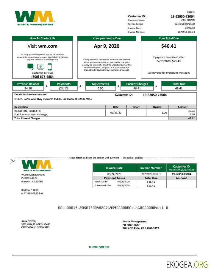 Modèle de relevé bancaire USA Waste Management au format Word et PDF, bon pour prouver l'adresse